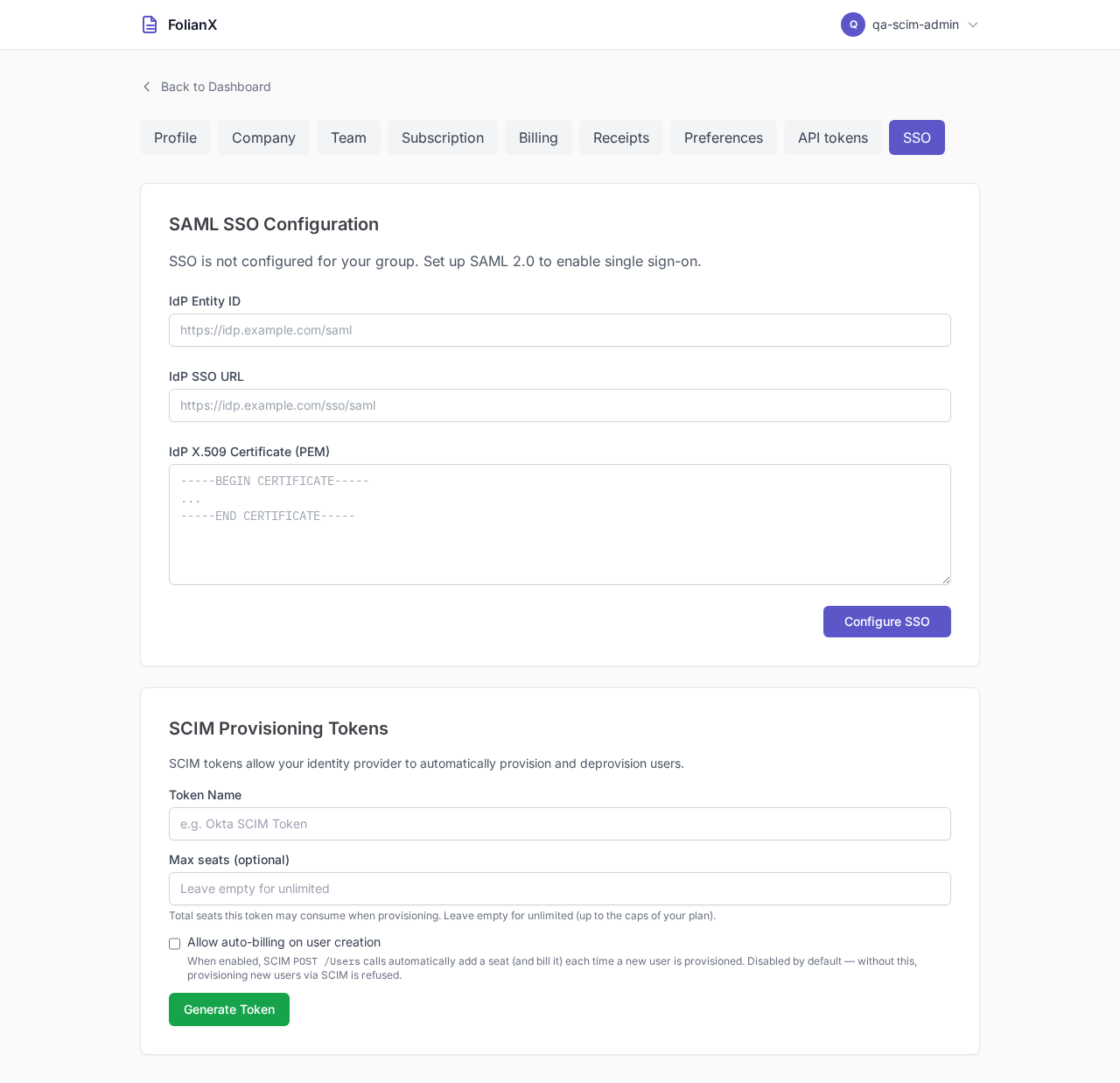 FolianX Settings → SSO: the SAML configuration form and the SCIM token section