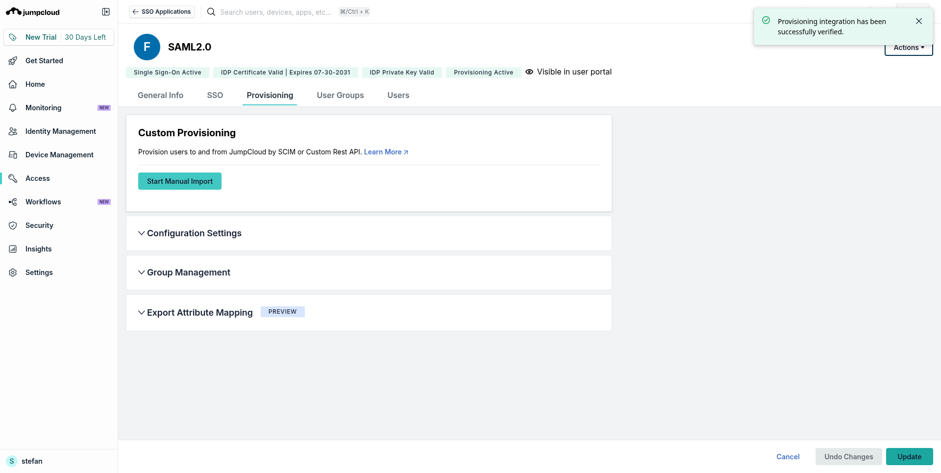 JumpCloud: provisioning active
