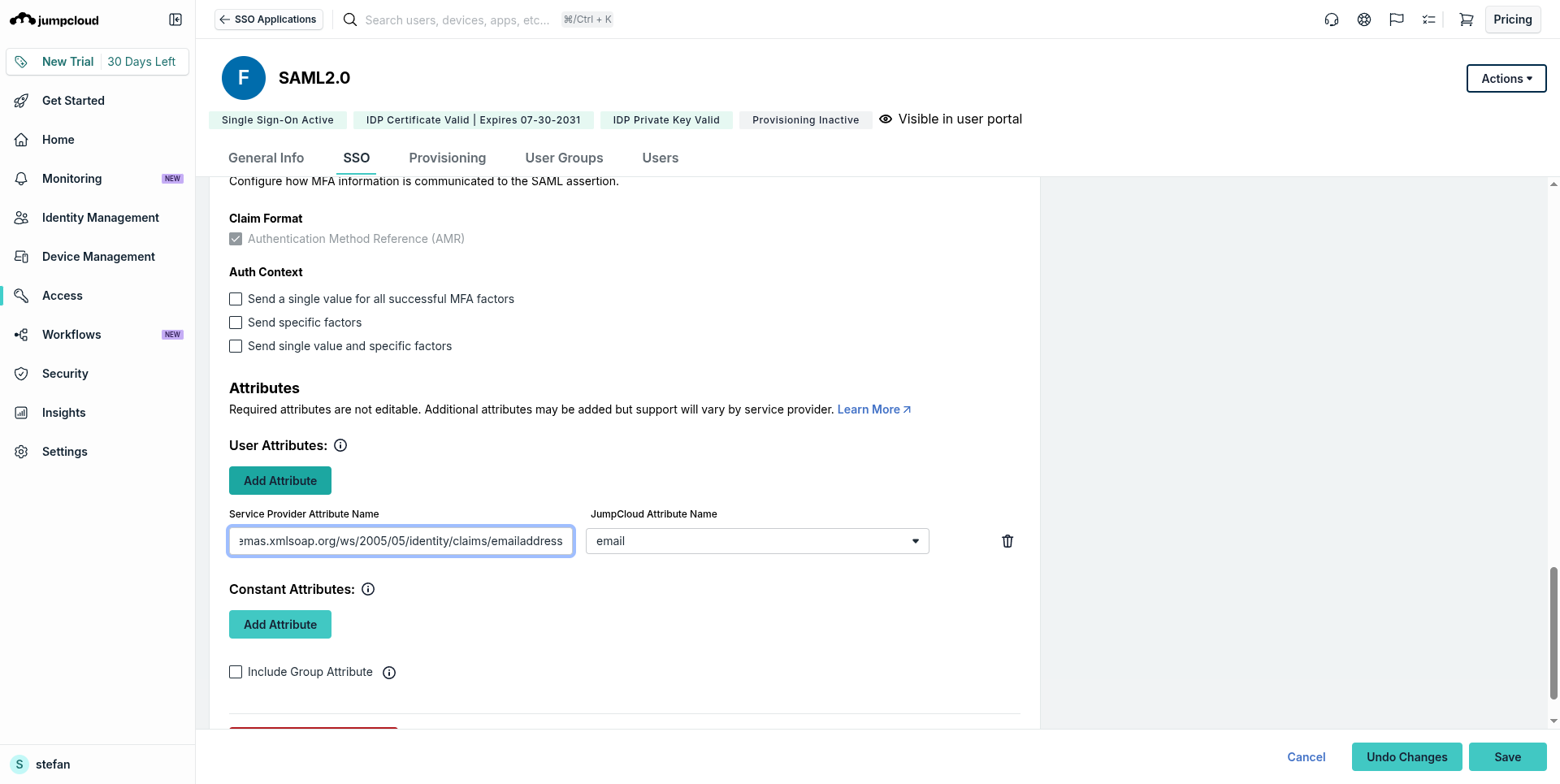 JumpCloud SAML configuration: SP Entity ID and ACS URL