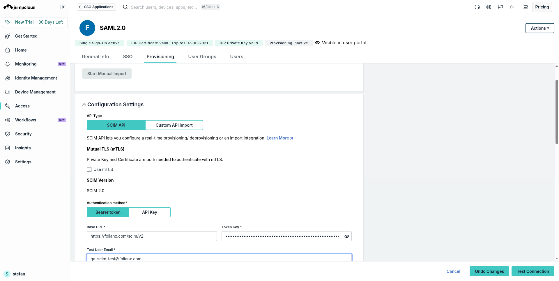 JumpCloud provisioning: SCIM API, bearer token, and the FolianX base URL
