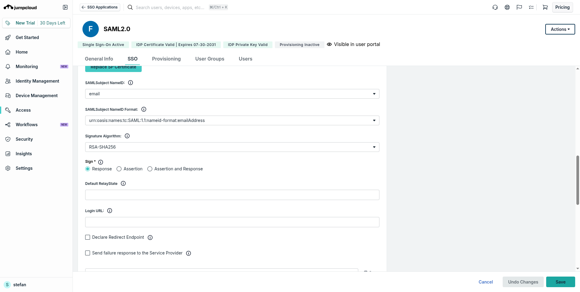 JumpCloud: NameID email, emailAddress format, and Sign set to Assertion and Response